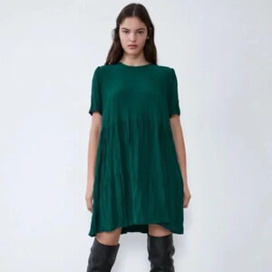 Zara Wrinkle Look Babydoll Tiered Dress Teal Size Small